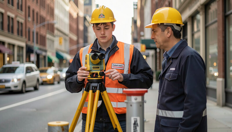 A young graduate engineer holding a theodolite on a survey mark in a city street with a mentor nearby.