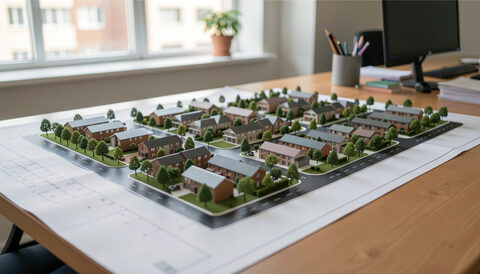 A scale model of a new suburb on a planning office table with miniature streets, trees and blocks under soft light.