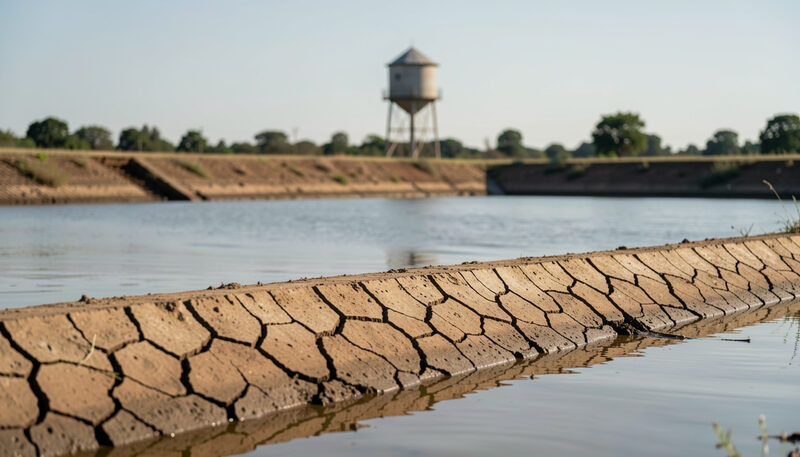 A low dam reservoir with cracked mud banks in the foreground and a water tower on the horizon under harsh sun.
