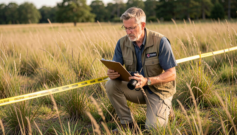 An ecologist in a field vest kneeling beside survey tape in native grassland with a clipboard and a camera.