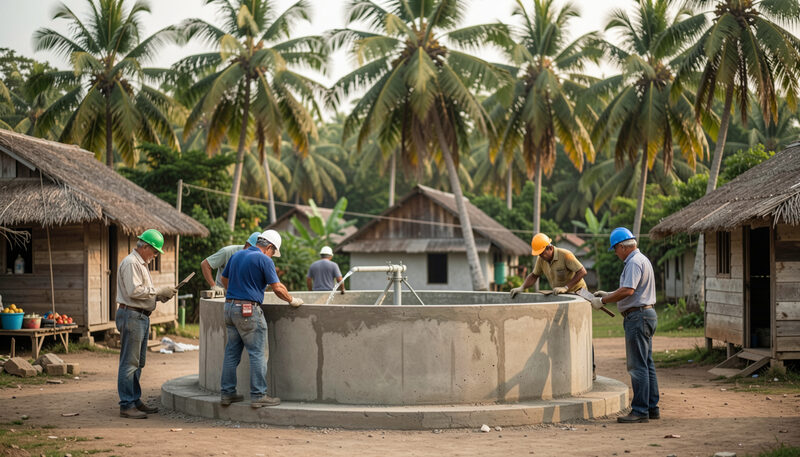 Engineers and local workers inspecting a new concrete water tank in a tropical village with palm trees behind.