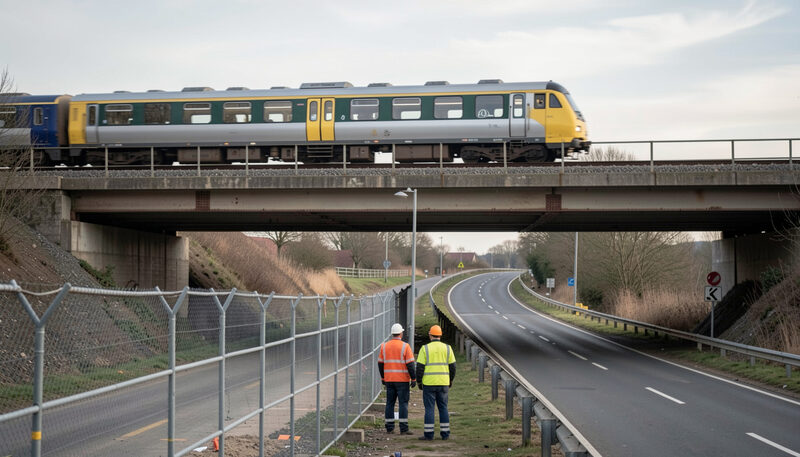 A train passing over a new rail bridge above a road while workers in hi-vis watch from a fenced site below.