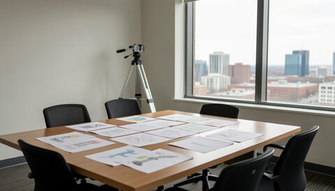 A meeting room with drawings spread on a table, a survey tripod in the corner and city views through the window.