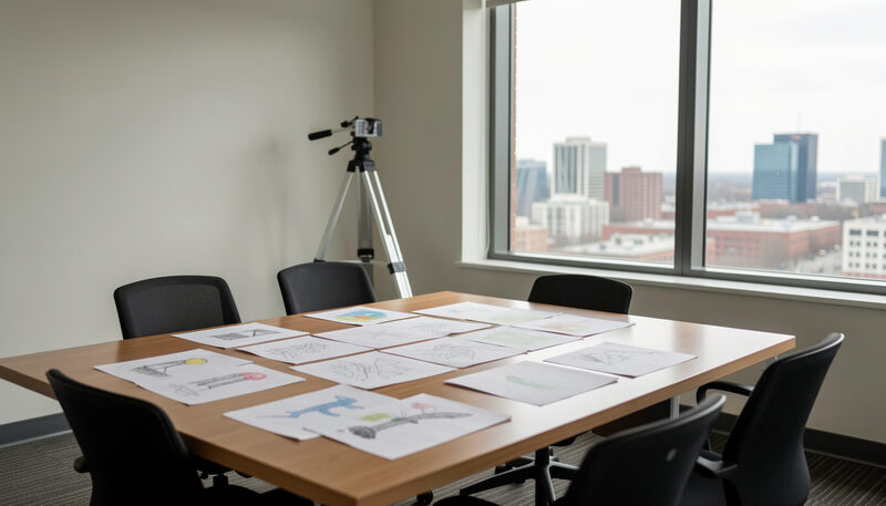 A meeting room with drawings spread on a table, a survey tripod in the corner and city views through the window.