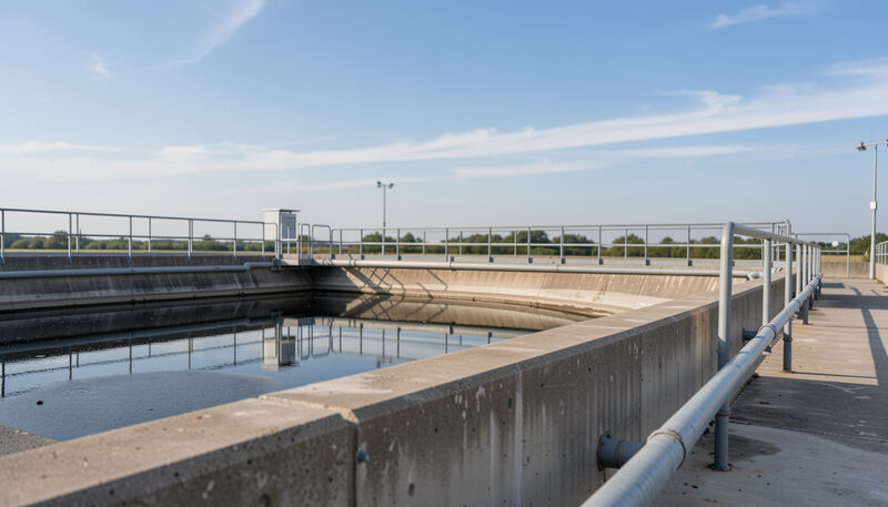 A concrete water treatment basin under a wide blue sky with pipes and walkways crossing the frame.